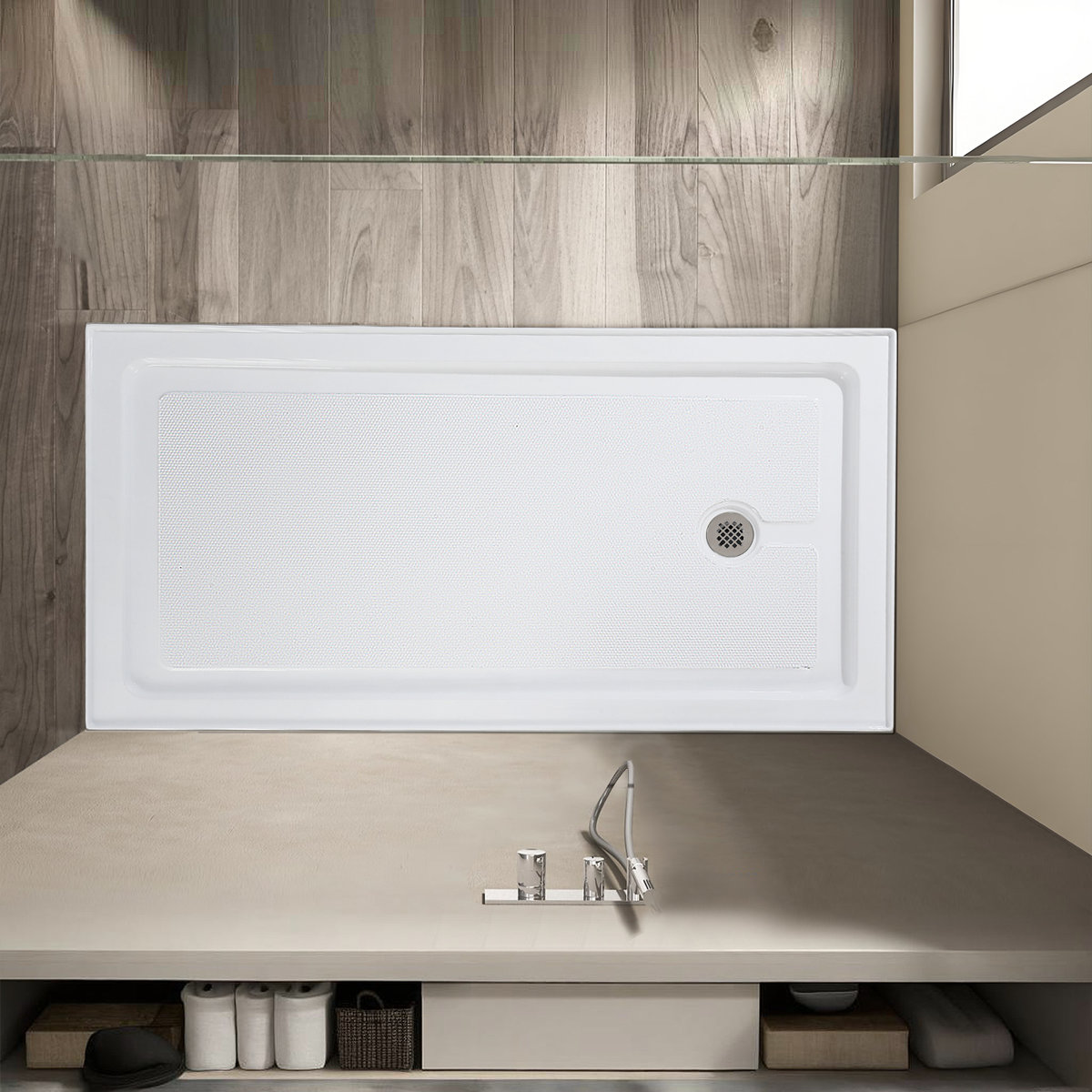 Acrylic Shower Base Durable Rectangular Pan with Stainless Steel Drain (Right/Left/Center) Easy Assembly &  (See Attached Photo)